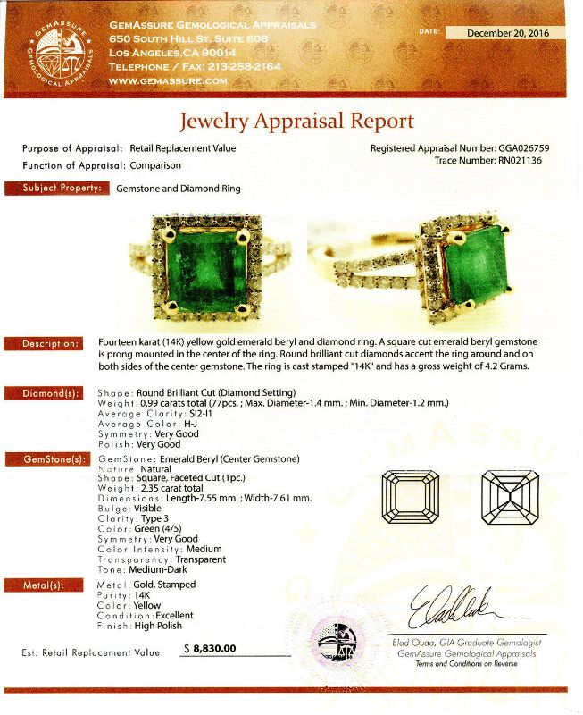 Photo 4 of 14K YELLOW GOLD 0.50ct EMERALD AND 0.42ctw DAIMOND RING W CERTIFIED APPRAISAL (APPROX SIZE 6.5)  RN021136
