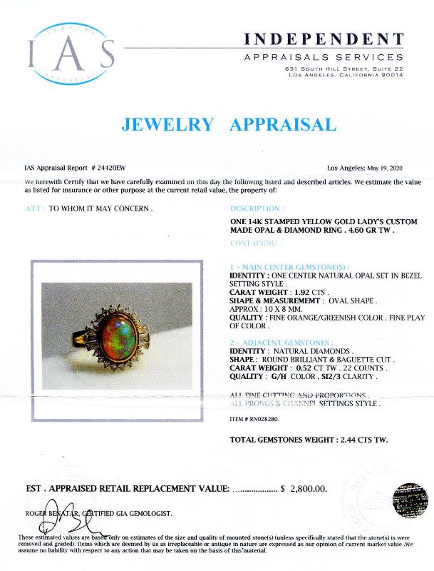 Photo 4 of 14K YELLOW GOLD 1.92ct OPAL AND 0.52ctw DIAMOND RING W CERTIFIED APPRAISAL (APPROX SIZE 6.5)   RN028280 