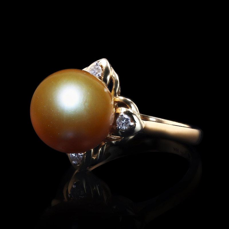 Photo 2 of 18K YELLOW GOLD 11mm GOLDEN CULTURED SOUTH SEA PEARL AND 0.13ctw DIAMOND RING W CERTIFIED APPRAISAL (APPROX SIZE 6.5)  RN024713
