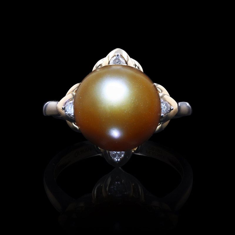 Photo 3 of 18K YELLOW GOLD 11mm GOLDEN CULTURED SOUTH SEA PEARL AND 0.13ctw DIAMOND RING W CERTIFIED APPRAISAL (APPROX SIZE 6.5)  RN024713
