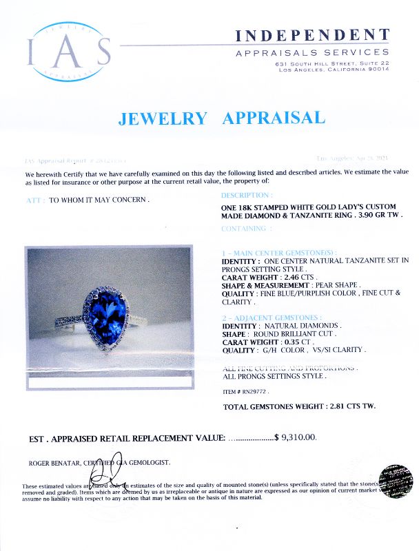 Photo 4 of  18K WHITE GOLD  2.46ct TANZANITE AND 0.35ctw DIAMOND RING W CERTIFIED APPRAISAL (APPROX. SIZE 6.5)   RN029772
