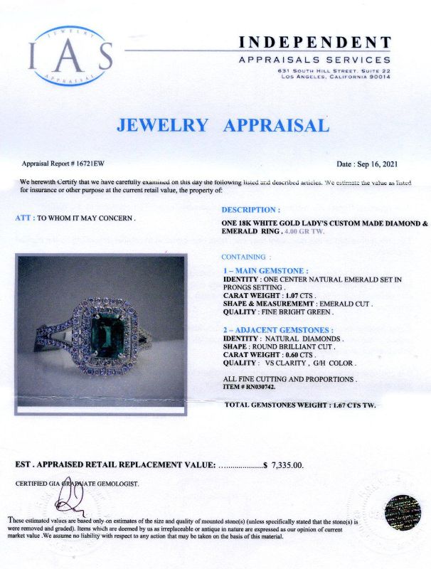 Photo 4 of 18K WHITE GOLD 1.07ct EMERALD AND 0.60ctw DIAMOND RING W CERTIFIED APPRAISAL (APPROX. SIZE 6.5)   RN030742