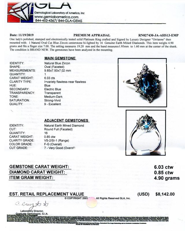 Photo 4 of PLATINUM 6.03ct BLUE ZIRCON AND 0.85ctw DIAMOND RING W CERTIFIED APPRAISAL (APPROX SIZE 6.5)  RN027430
