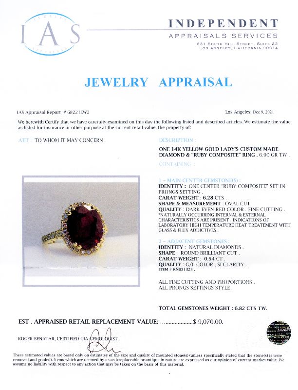 Photo 4 of 14K YELLOW GOLD 6.28ct RUBY AND 0.54ctw DIAMOND RING W CERTIFIED APPRAISAL (APPROX. SIZE 6.5)   RN031335