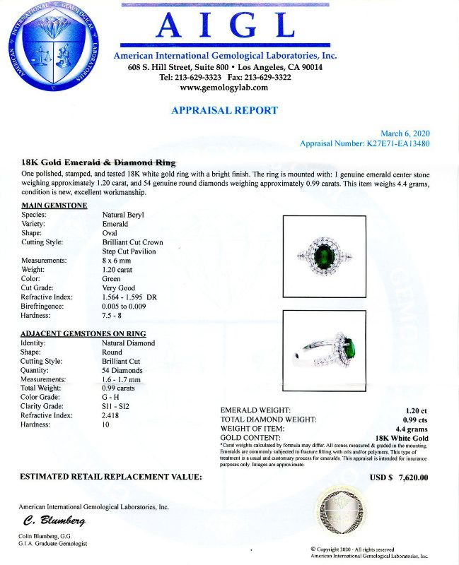 Photo 4 of 18K WHITE GOLD 1.20ct EMERALD AND 0.99ctw DAIMOND RING W CERTIFIED APPRAISAL (APPROX SIZE 6.5)  RN027991