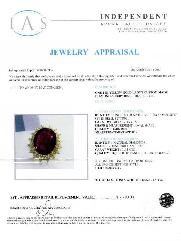 Photo 4 of 14K YELLOW GOLD 17.15ct RUBY AND 1.45ctw DIAMOMND RING W CERTIFIED APPRAISAL (APPROX. SIZE 6.5) RN032492
