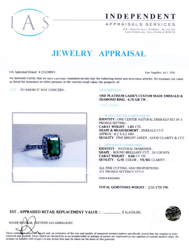 Photo 4 of PLATINUM 1.85ct EMERALD AND 0.66ctw DIAMOND RING W CERTIFIED MSRP APPRAISAL (APPROX. SIZE 6.5) RN028462