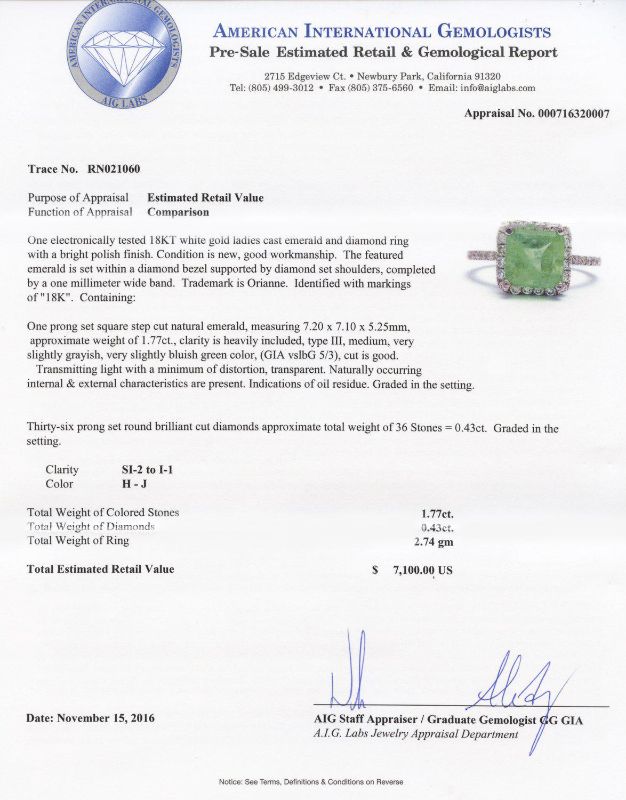 Photo 5 of 18K WHITE GOLD 1.77ct EMERALD AND 0.43ctw DIAMOND RING W. CERTIFIED MSRP APPRAISAL (APPROX SIZE 6.5) RN021060
