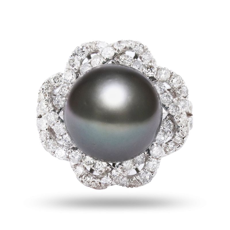 Photo 2 of 18K WHITE GOLD 13mm TAHITIAN PEARL AND 1.53ctw DIAMOND RING W. CERTIFIED MSRP APPRAISAL (APPROX. SIZE 6.5) RN031159
