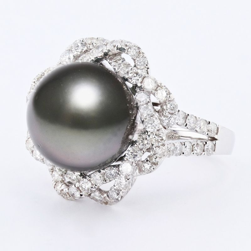 Photo 1 of 18K WHITE GOLD 13mm TAHITIAN PEARL AND 1.53ctw DIAMOND RING W. CERTIFIED MSRP APPRAISAL (APPROX. SIZE 6.5) RN031159
