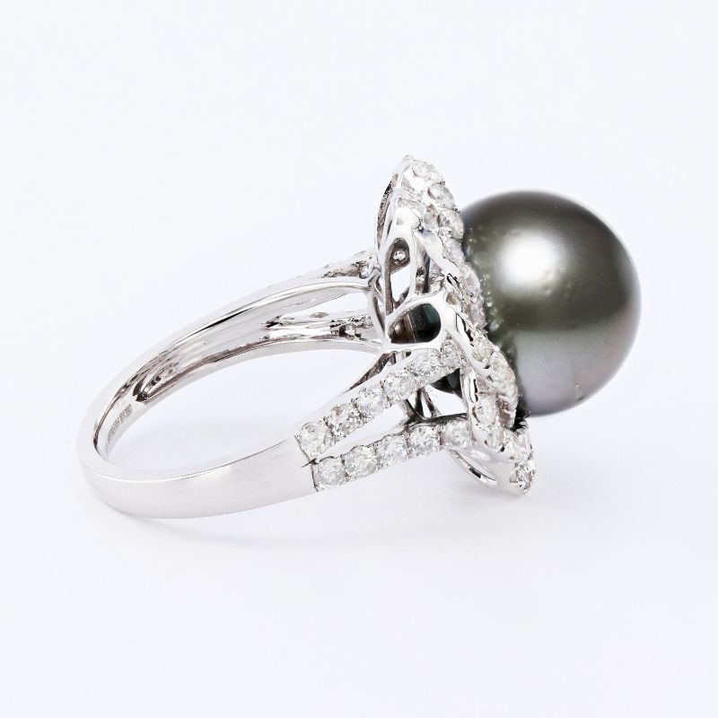 Photo 3 of 18K WHITE GOLD 13mm TAHITIAN PEARL AND 1.53ctw DIAMOND RING W. CERTIFIED MSRP APPRAISAL (APPROX. SIZE 6.5) RN031159
