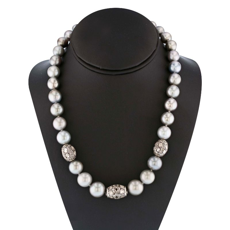 Photo 1 of SILVER NECKLACE 10.00mm-14mm BLACK LIPPED TAHITIAN PEARLS AND 1.59 ctw DIAMONDS W. CERTIFIED MSRP APPRAISAL   NK009480
