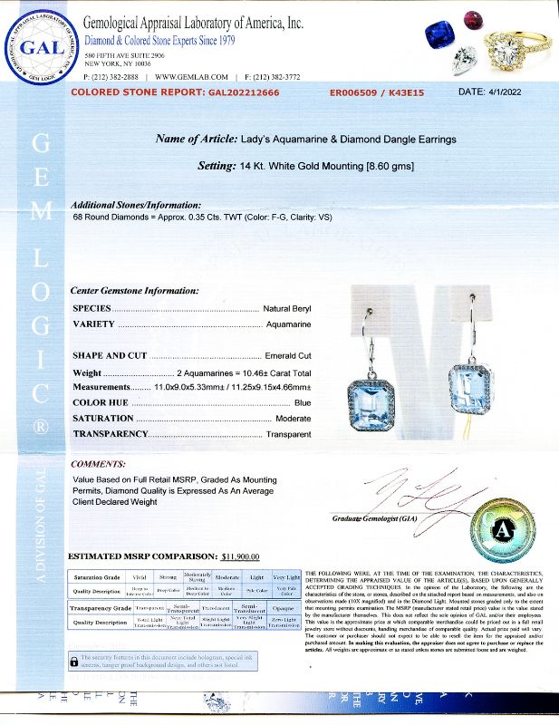 Photo 4 of 14K WHITE GOLD 10.46ctw AQUAMARINE AND 0.35ctw DIAMOND EARRINGS W CERTIFIED MSRP APPRAISAL  ER006509 
