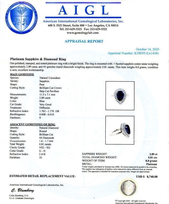 Photo 4 of PLATINUM  2.89ct BLUE SAPPHIRE AND 0.81ctw DIAMOND RING W. CERTIFIED MSRP APPRAISAL (APPROX. SIZE 6.5)  RN028940
