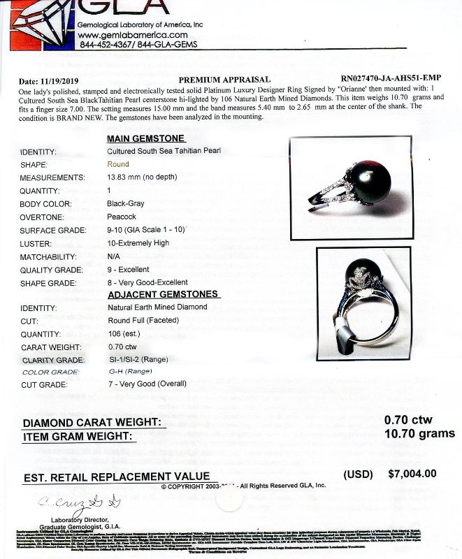 Photo 4 of PLATINUM 13.83mm BLACK TAHITIAN PEARL AND 0.70ctw DIAMOND RING W CERTIFIED MSRP APPRAISAL (APPROX SIZE 6.5). RN027470