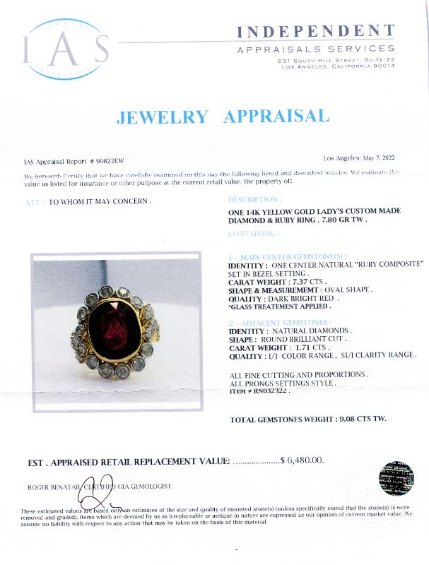 Photo 4 of 14K YELLOW GOLD 7.37ct RUBY AND 1.7ctw DIAMOND RING W CERTIFIED MSRP APPRAISAL (APPROX SIZE 6.5)
 RN032322
