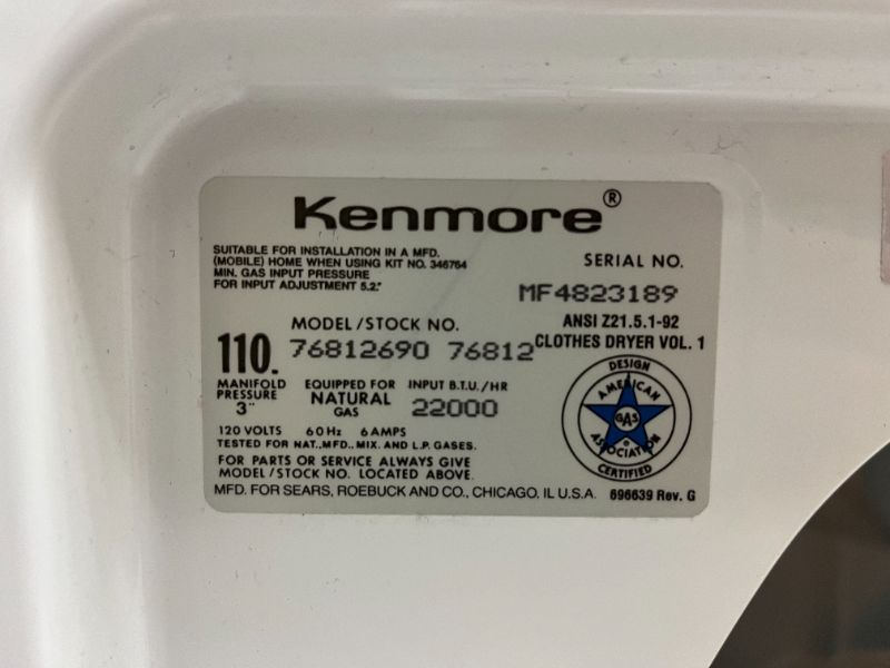 Photo 5 of WHITE KENMORE GAS DRYER