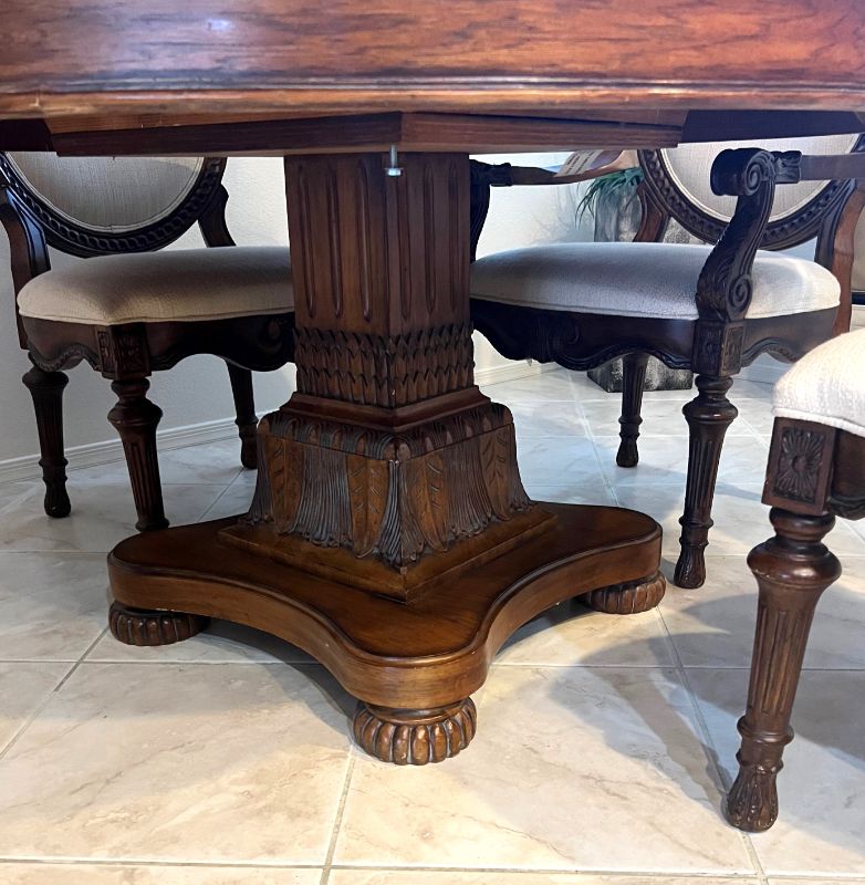 Photo 7 of HEAVY CARVED WALNUT WOOD 48" ROUND DINING TABLE W. 2 ARM CHAIRS & 2 SIDE CHAIRS-INCLUDES 2-12" WIDE TABLE EXTENSIONS (FULLY EXTENDED TO 72")-OFF WHITE PADDED FABRIC CHAIRS