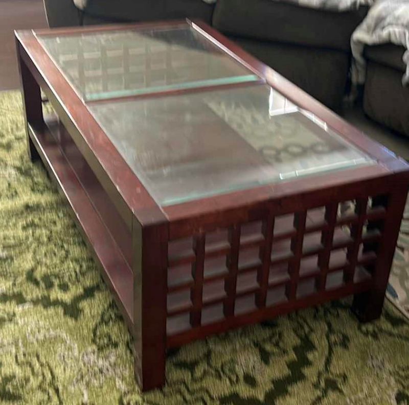 Photo 4 of GLASS AND WOOD COFFEE TABLE - 48” x 26” x 18”