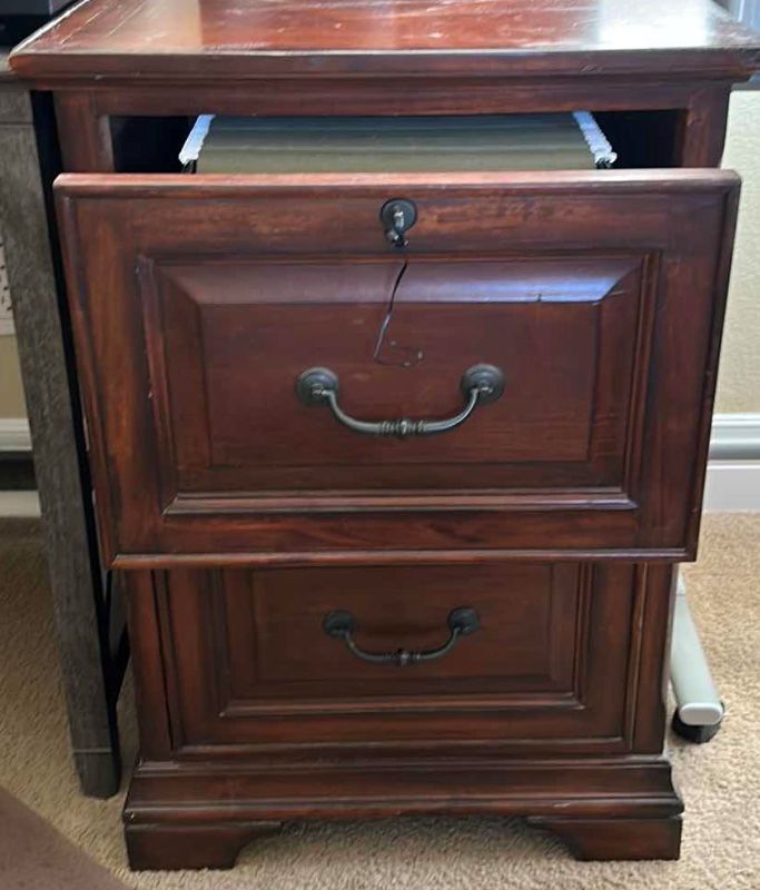 Photo 2 of WOODEN FILE CABINET WITH KEY - 21” x 25” x 31” - BUYER TO BRING ASSISTANCE