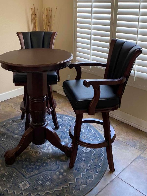 Photo 3 of ROUND WOOD TABLE W 2 SWIVEL LEATHER W WOOD BAR STOOL CHAIRS