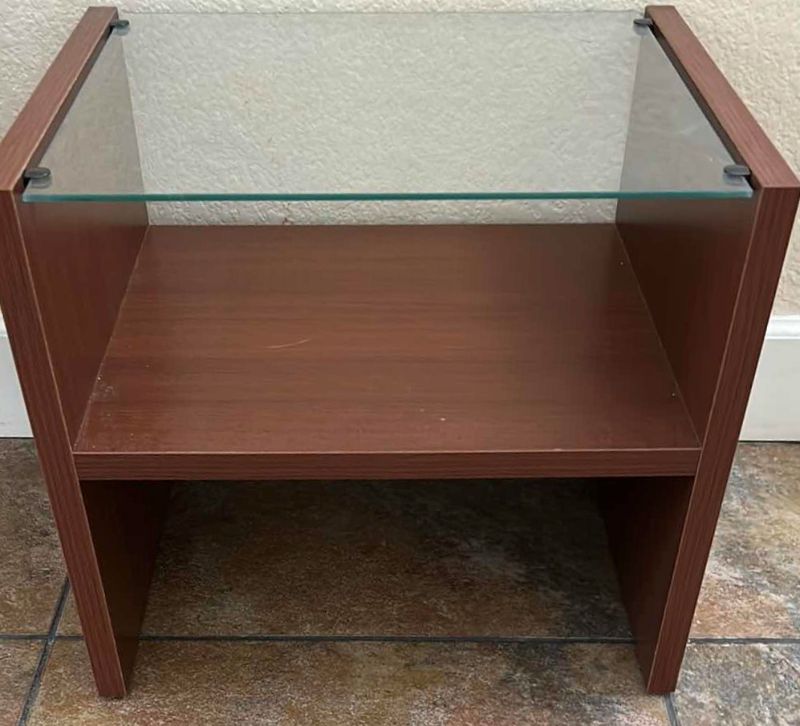 Photo 2 of SMALL WOOD & GLASS SIDE TABLE - 18 x 14 x16