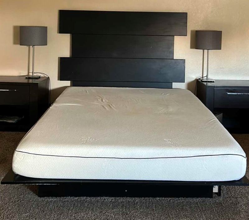 Photo 1 of BLACK MODERN QUEEN PLATFORM BEDFRAME AND MATTRESS (NIGHT STANDS AND LAMPS NOT INCLUDED)