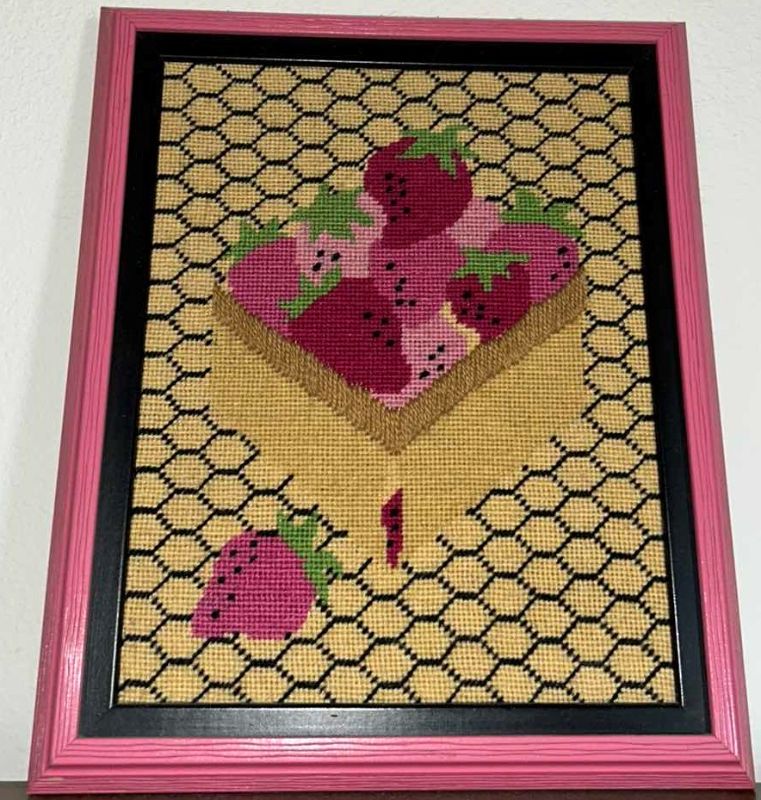 Photo 1 of SMALL VINTAGE KNITTED STRAWBERRY ART IN PINK FRAME