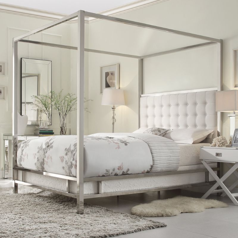 Photo 1 of METAL CANOPY BED WITH UPHOLSTERED HEADBOARD - KING SIZE OVERALL DIMENSIONS: 86 IN. LENGTH X 80.5 IN. WIDTH X 83 IN. HEIGHT TUFTED HEADBOARD - NEW IN BOX
