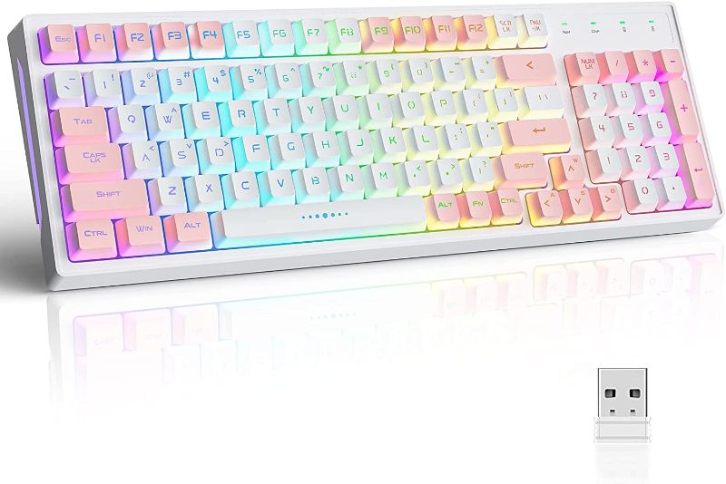 Photo 1 of GK98 Wireless Gaming Keyboard,2.4G Rechargeable RGB White Gaming Keyboard,RGB Backlit Ergonomic 98 keys Mechanical Feeling Dual Color Keyboard for Office Windows Mac PC Xbox PS4 Gamer(WhitePink)