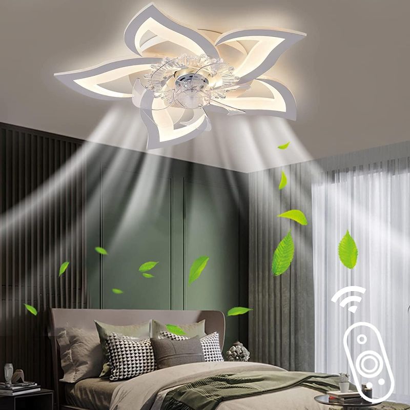 Photo 2 of 27.2‘’ Ceiling Fan with Lights and Remote Control, 5 Petals Modern Bladeless Flush Mount Fan Light, Low Profile 3 Switchable LED Light and Ultra Quiet 6 Gear Wind Speed, Ceiling Fan with Smart Timer
