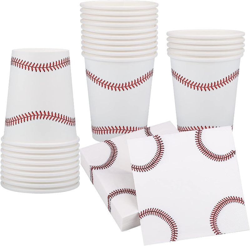 Photo 1 of durony 64 Pieces Baseball Party Supplies 40 Pieces Baseball Napkins and 24 Pieces Baseball Party Cups for Game Day Baseball Sports Party Supplies
