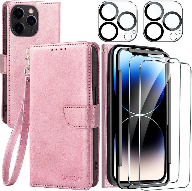 Photo 1 of QsmQam [8 in 1] for iPhone 14 Pro Case Wallet PU Leather with 3 Card Holder Stand Accessories Women Men Protective Flip Phone Cover 2 Pack Screen Protector 2 Pack Camera Lens Protector-Rose. Set of 5
