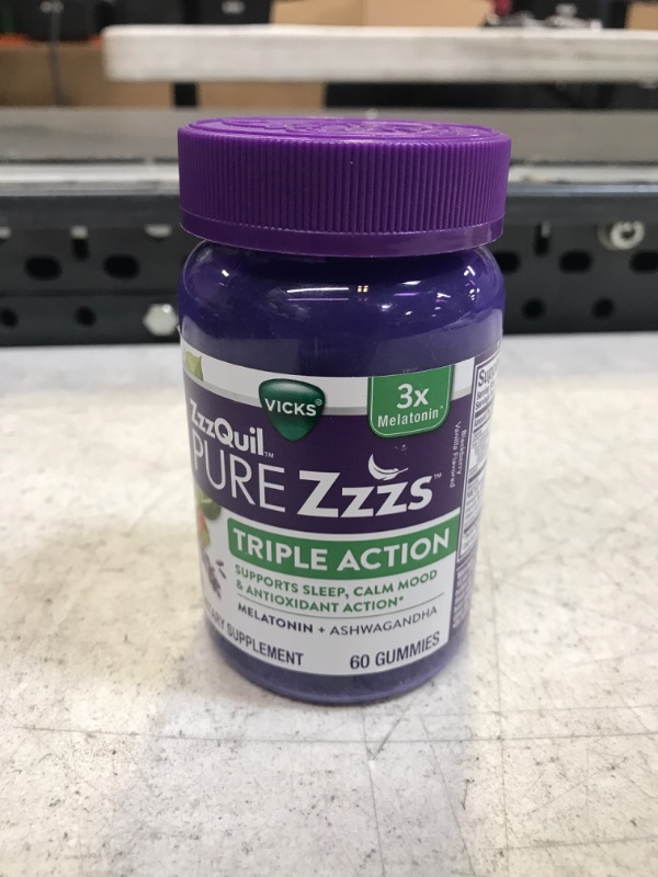 Photo 2 of ZzzQuil PURE Zzzs Triple Action, 6mg Melatonin Gummies, 3X Melatonin Sleep Aid with Ashwagandha, Calm Mood & Antioxidant Action, Sleep Aids for Adults, 6 mg per serving, 60 Count 60 Count (Pack of 1). Best By Sep 2023