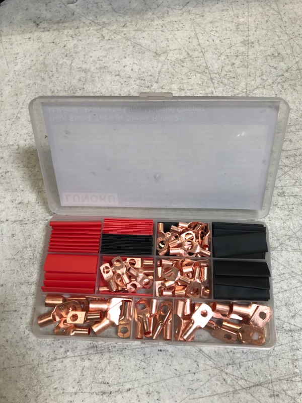 Photo 2 of 150pcs Battery Cable Ends Awg 2 4 6 8 10 Gauge Wire Connectors,Copper Ring Terminals with Heat Shrink Set,74 pcs Battery Terminal connectors Cable Lugs Ring with 76pcs Heat Shrink Tubing Kit
