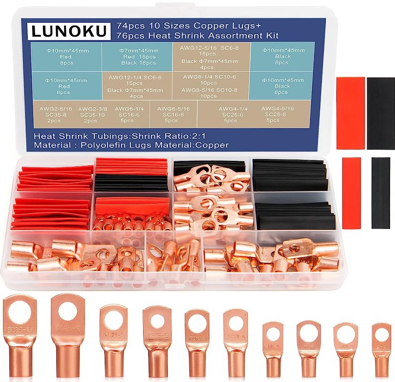 Photo 1 of 150pcs Battery Cable Ends Awg 2 4 6 8 10 Gauge Wire Connectors,Copper Ring Terminals with Heat Shrink Set,74 pcs Battery Terminal connectors Cable Lugs Ring with 76pcs Heat Shrink Tubing Kit
