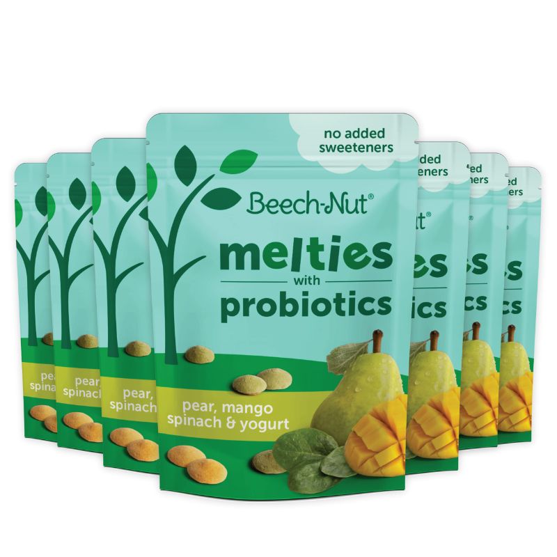 Photo 1 of Beech-Nut Probiotic Melties Baby & Toddler Snack Melts, Pear Mango Spinach Yogurt, 1 oz (7 Pack) Yogurt, Pear, Mango & Spinach + Probiotics (BB 01SEP23)