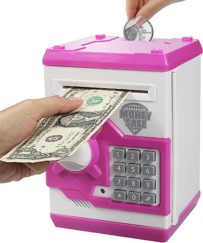 Photo 1 of Brekya Mini ATM Piggy Bank Security Machine Best Gift for Kids,Electronic Code Piggy Bank Money Counter Safe Box Coin Bank for Boys Girls Password Lock (Pink)
