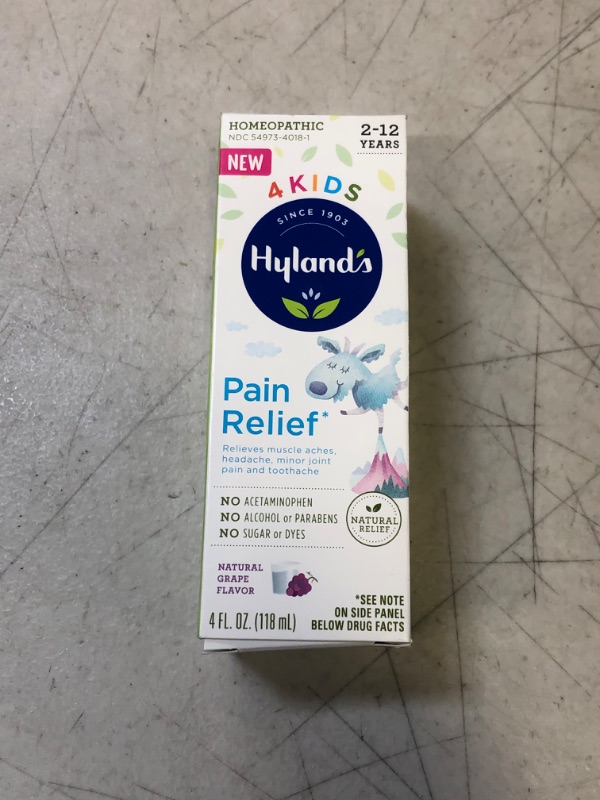 Photo 1 of Hyland’s Kids Natural Pain Relief Relieves Muscle Aches Headache Minor Joint Pain and Toothache Grape Flavor, 4 Fl Oz
