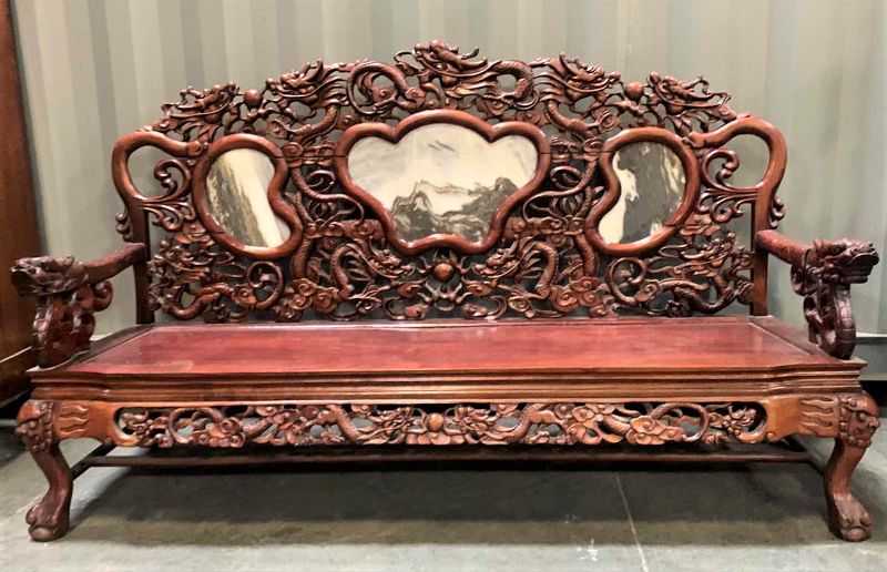 Photo 1 of VINTAGE HAND CARVED WOOD CHINESE HIGH RISE SOFA W MARBLE