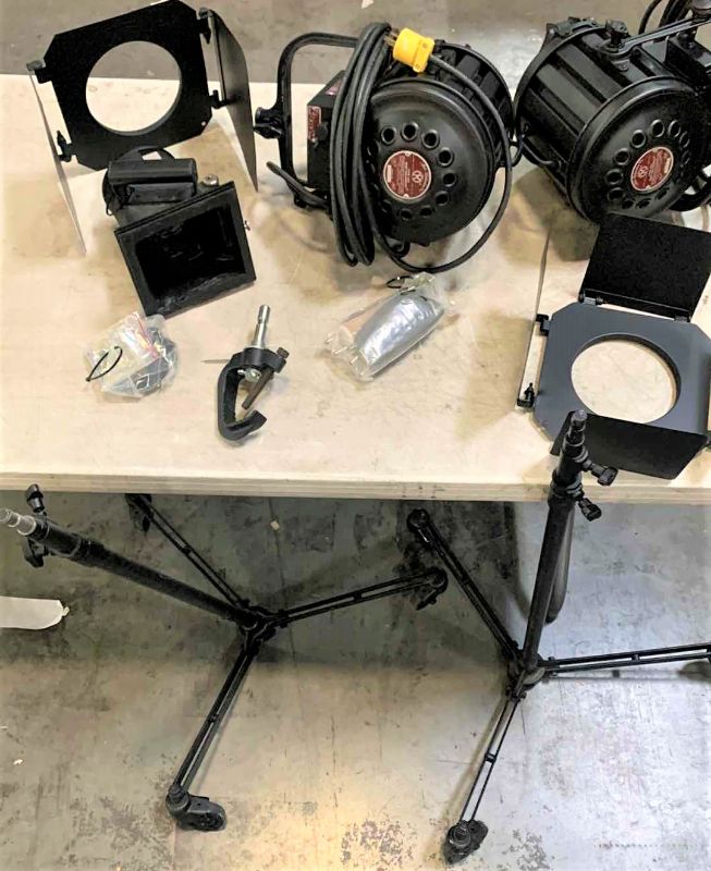 Photo 2 of INDUSTRIAL / COMMERCIAL LIGHTING ASSORTMENT,  2 BABY SOLAR SPOTS W WHEELED POLES AND MORE