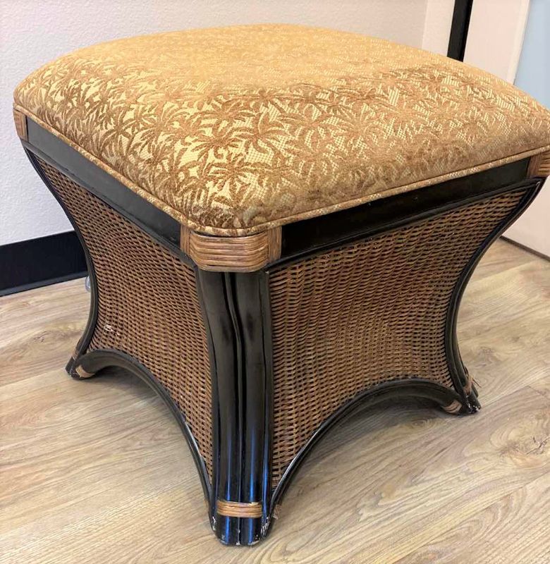 Photo 1 of TOMMY BAHAMA OTTOMAN GOLD PALM UPHOLSTERY AND RATTAN 21” X H19”