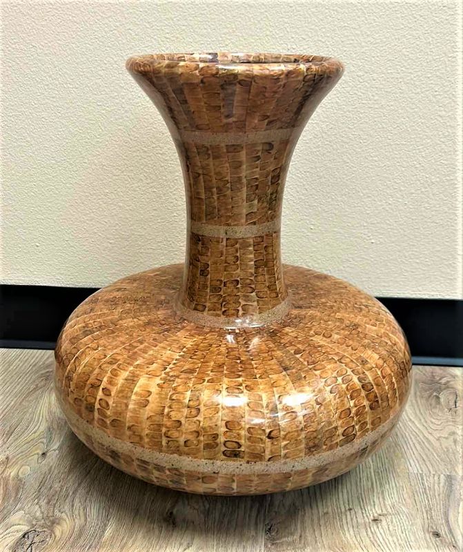 Photo 1 of 17.5” x 17.5. GLAZED WOOD VASE w FAUX GREENERY