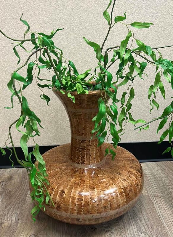 Photo 2 of 17.5” x 17.5. GLAZED WOOD VASE w FAUX GREENERY