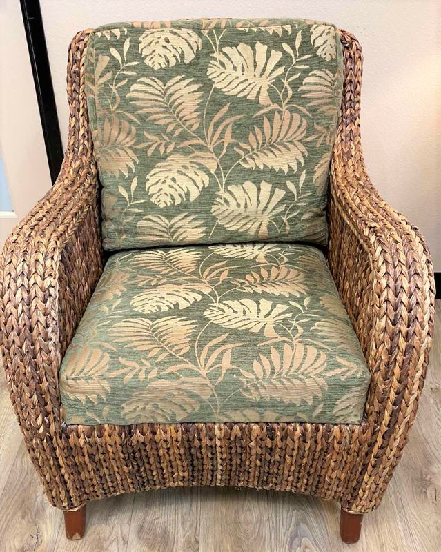 Photo 1 of TOMMY BAHAMA CHAIR GREEN AND GOLD TROPICAL UPHOLSTERY WITH RATTAN