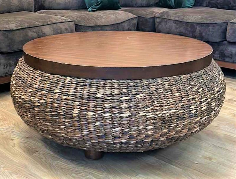 Photo 1 of PALECEK ROUND WOOD AND RATTAN COFFEE TABLE 42” x 19”