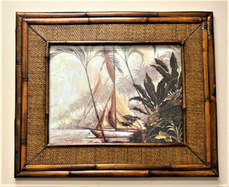 Photo 1 of BAMBOO AND RATTAN FRAMED “SAILBOAT TROPICAL” ARTWORK 35.5” x 29.5”