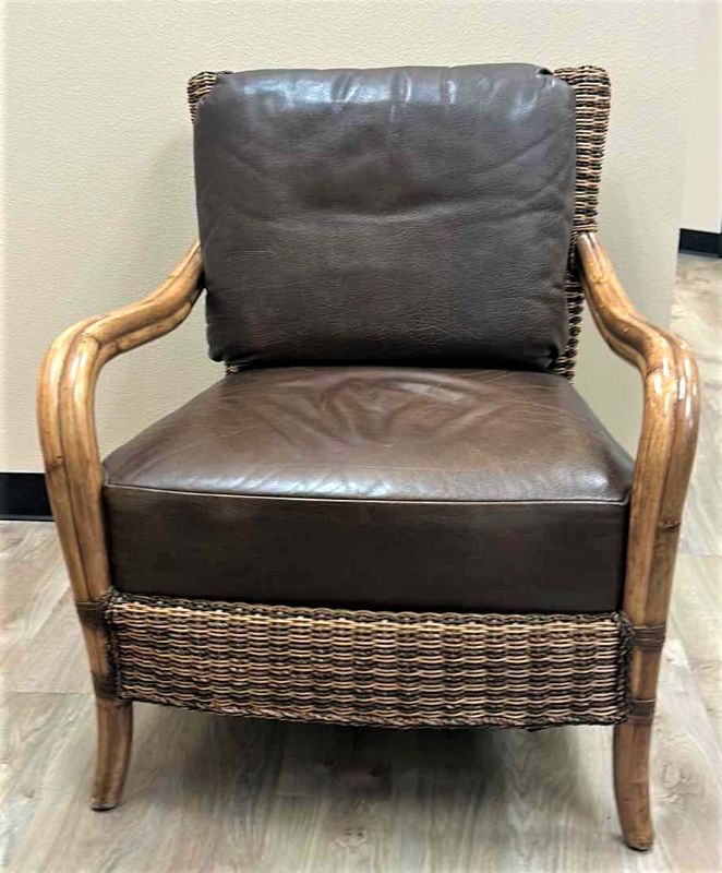 Photo 1 of RATTAN CHAIR WITH LEATHER CUSHIONS BY TOMMY BAHAMA 30” x 32” x H35”