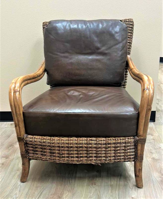 Photo 1 of RATTAN CHAIR WITH LEATHER CUSHIONS BY TOMMY BAHAMA 30” x 32” x H35”
