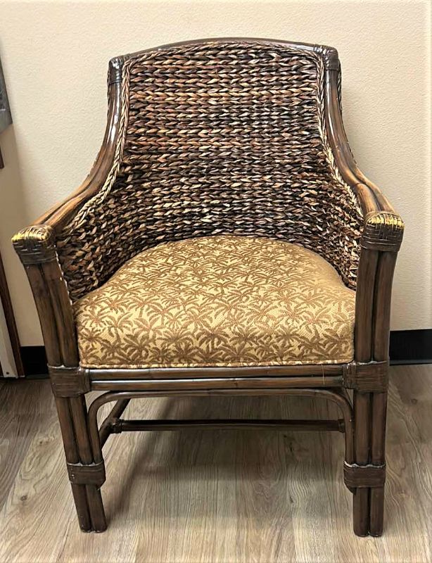 Photo 1 of RATTAN CHAIR WITH GOLD PALM TREE UPHOLSTERY 24.50 x 24.5” x H33”